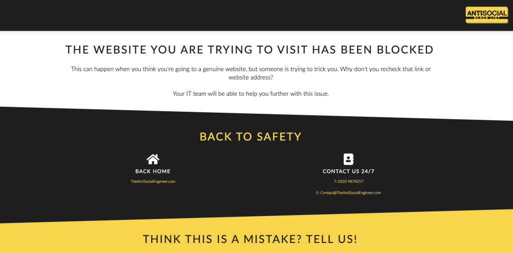 Picture of the domain blocking page, really striking design with a way they can report false positives.