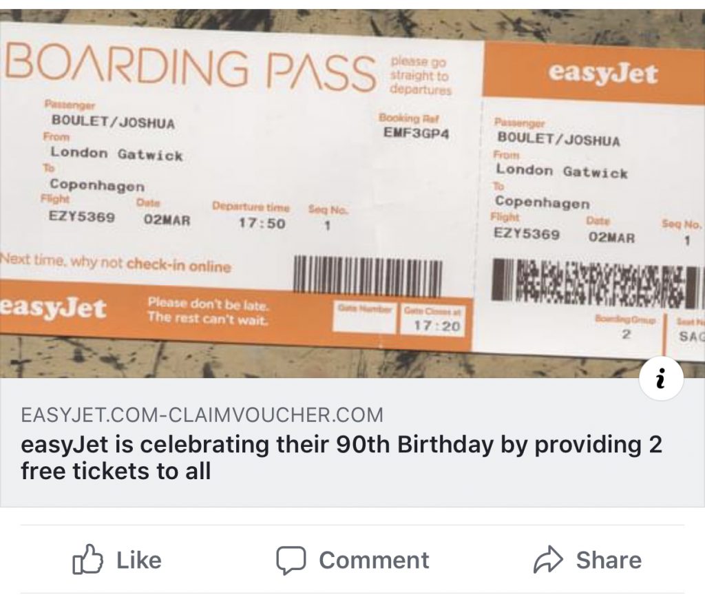 Picture of a scam facebook link that offers people free Easyjet tickets.