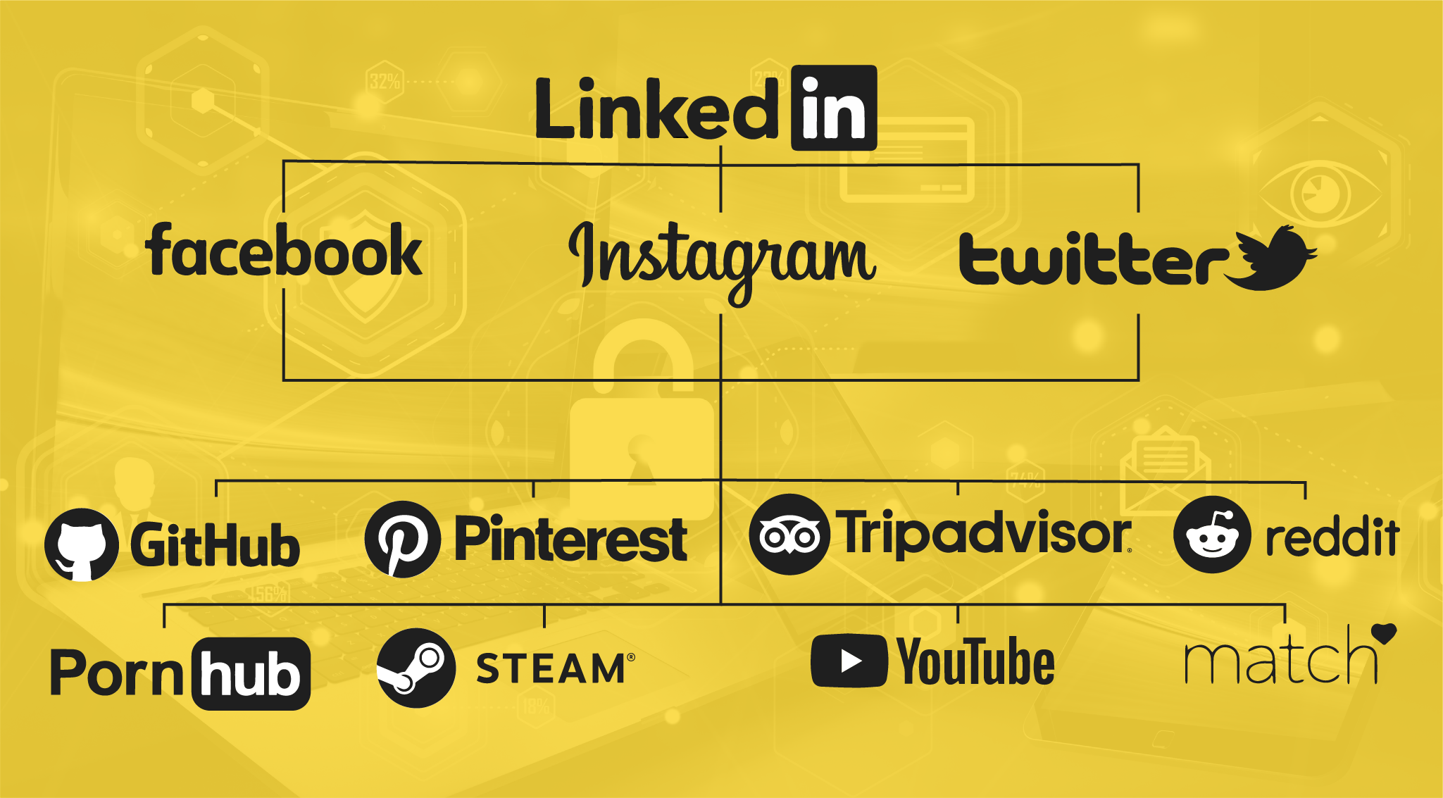 Social engineering research trail showing a list of accounts such as steam, reddit and youtube.