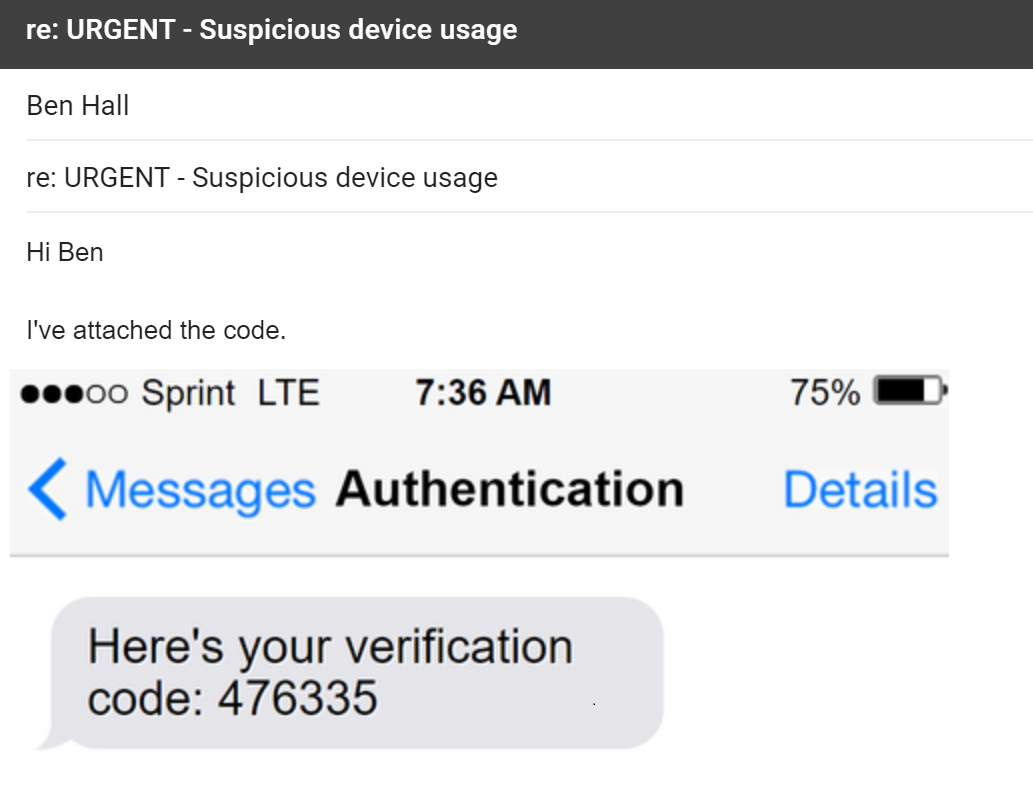 Example of an authentication code being screenshot and sent to a criminal via email.