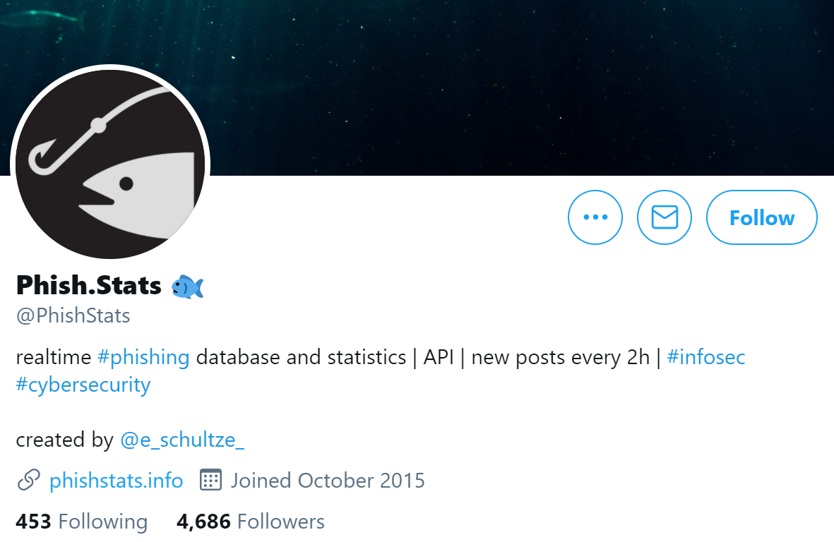 Screenshot of phishstats' Twitter page.