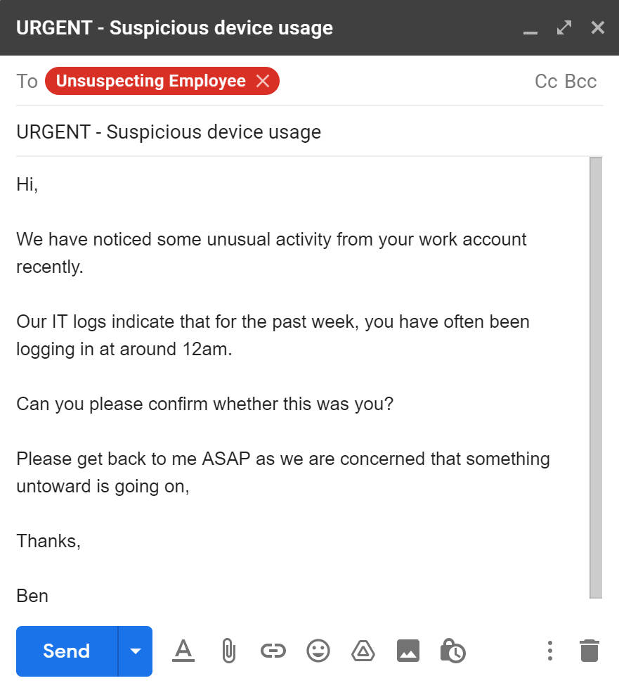 Example of an email from an attacker asking about someone's account activity.