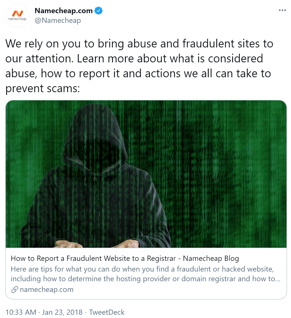 Tweet from Namcheap reading "We rely on you to bring abuse and fraudulent sites to our attention. Learn more about what is considered abuse, how to report it and actions we all can take to prevent scams:"